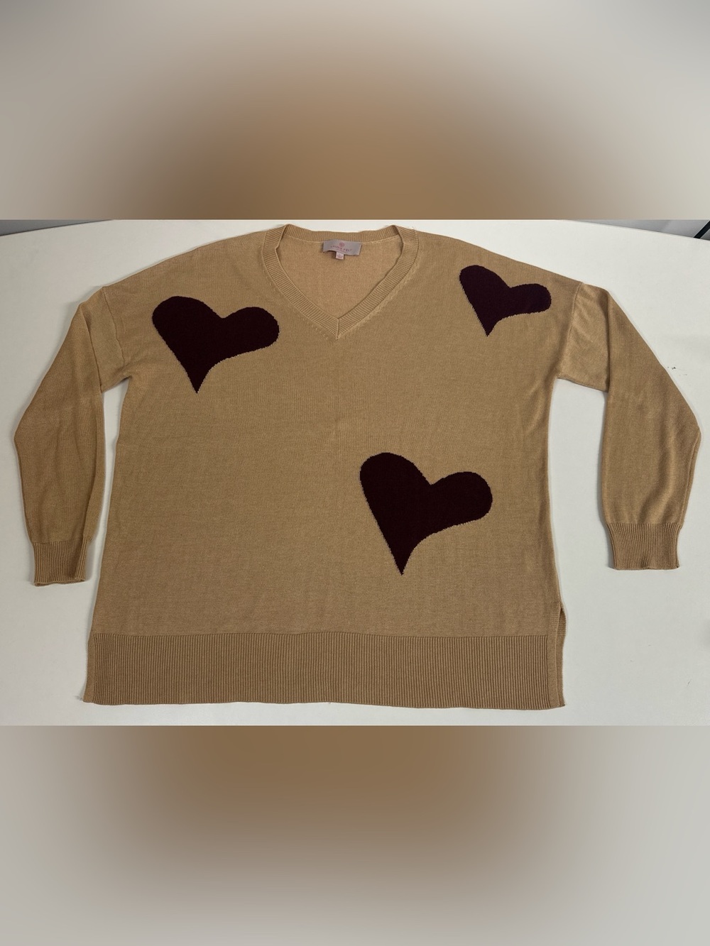 Laurie Felt Cashmere Blend Heart V-Neck Sweater Size L Tan Brown